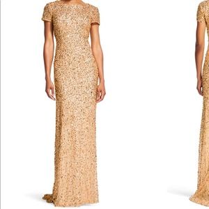 Adrianna Papell Gold sequin gown with train